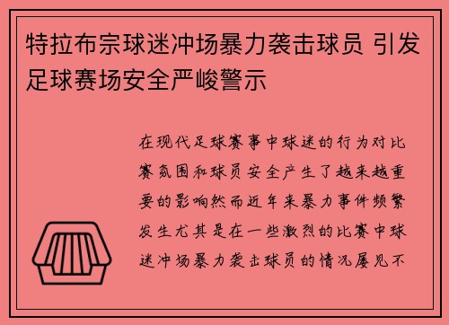 特拉布宗球迷冲场暴力袭击球员 引发足球赛场安全严峻警示