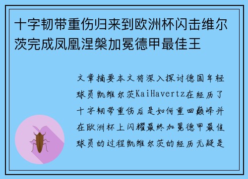 十字韧带重伤归来到欧洲杯闪击维尔茨完成凤凰涅槃加冕德甲最佳王